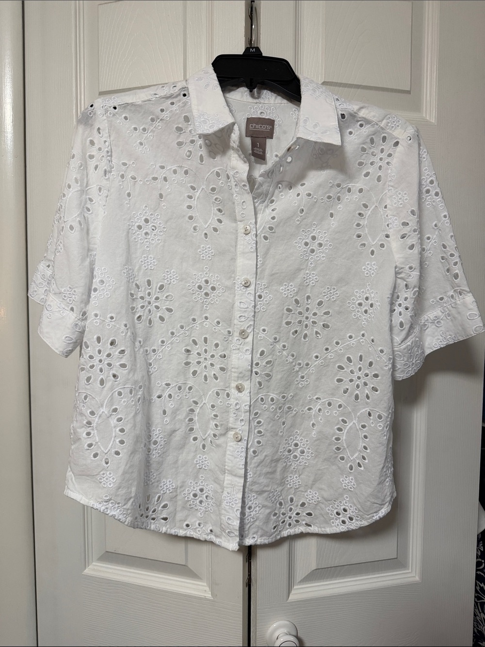 Chico's White Eyelet Short-Sleeve Button-Down Shirt